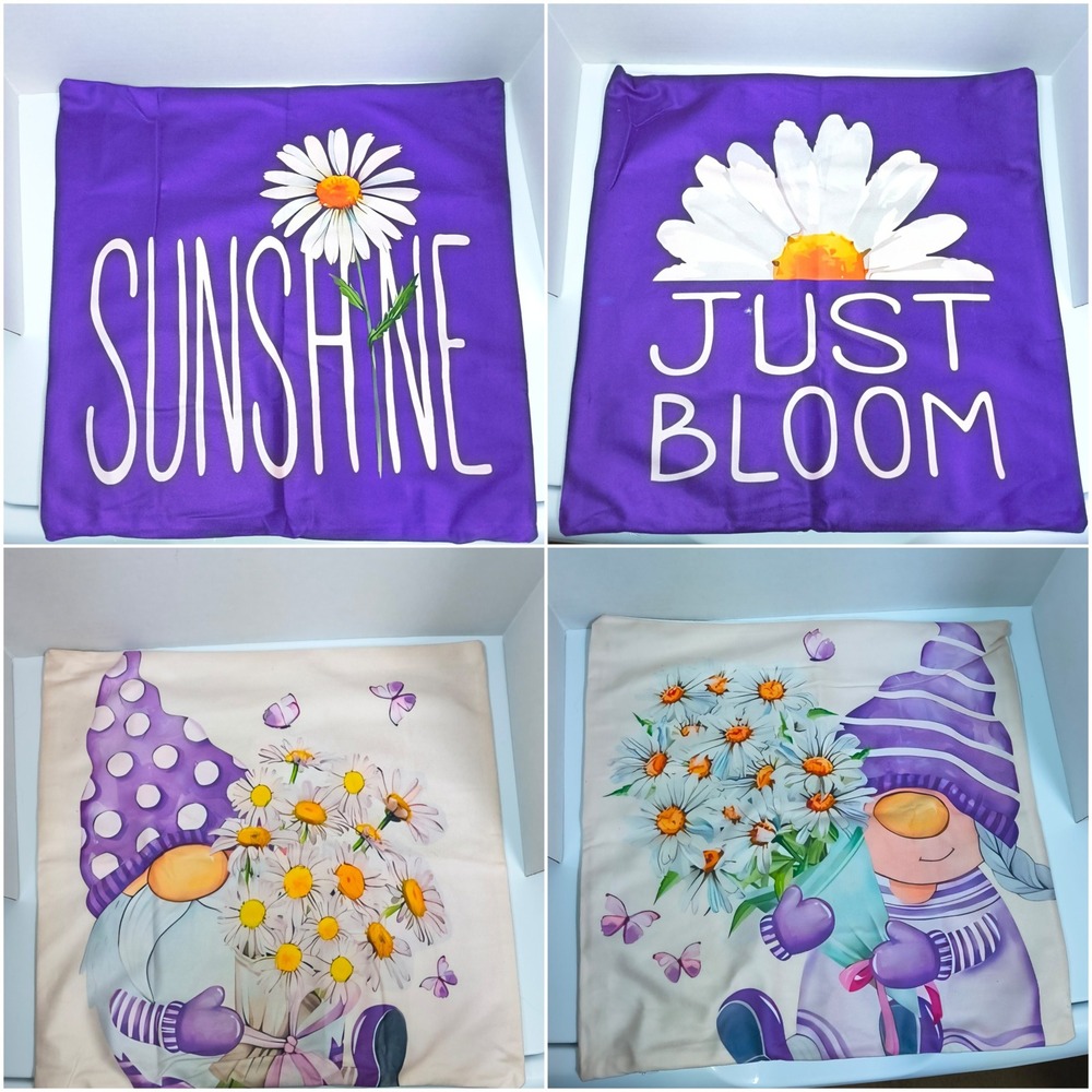 Set of 4 Purple Daisy Gnome Pillow Covers 16x16 Sunshine Just Bloom Floral Decor